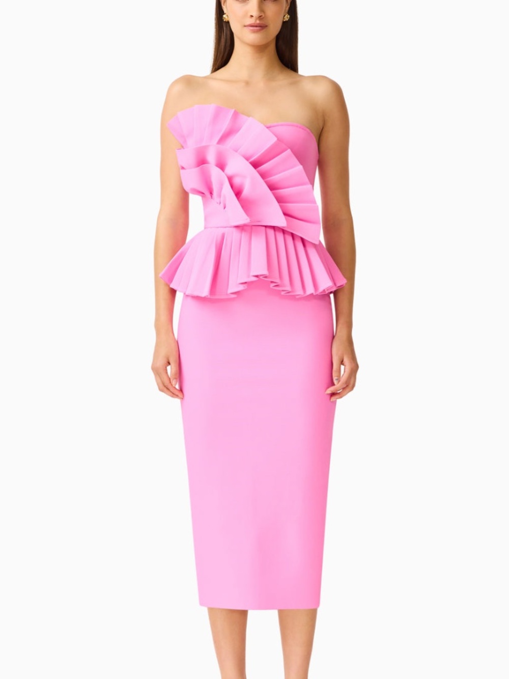 ELLIATT Orella Pleated Midi Dress Candy Pink Ruffle Strapless Knit - SMALL